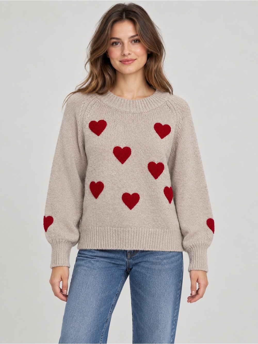 LEHO Red Heart Wool Blend Balloon Sleeve Sweater Beige Size M